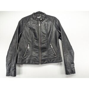 J2 Mens Black Faux Leather Cafe Racer Moto Biker Jacket Size M